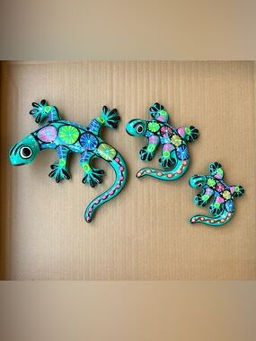 3 Ceramic Pottery Lizards Mexican Talavera Hanging Patio Wall Hang Gecko